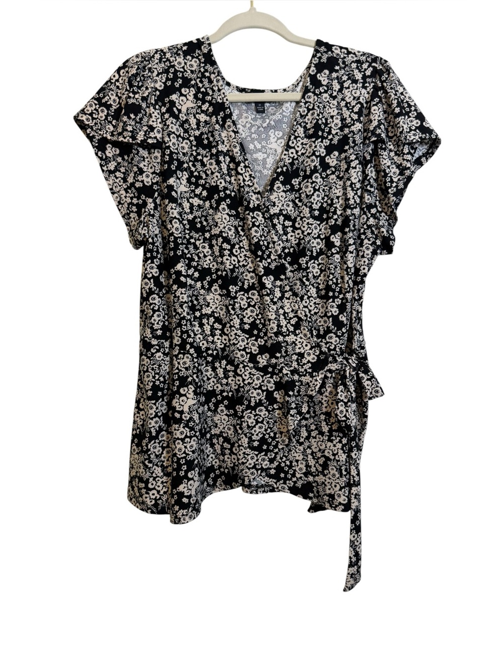 A.U.W. Floral Faux Wrap-Front Top in black sz 2X
